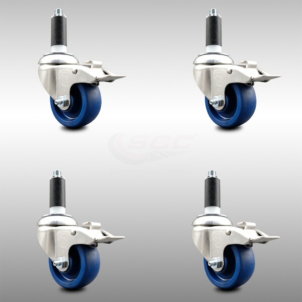 3 Inch 316SS Solid Poly Swivel 1 Inch Expanding Stem Caster Set Lock Brake